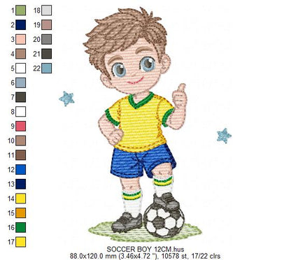 Soccer player embroidery design - School Boy with curly hair machine embroidery file - boy with soccer ball file - Instant digital download