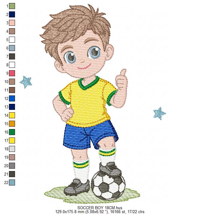Soccer player embroidery design - School Boy with curly hair machine embroidery file - boy with soccer ball file - Instant digital download