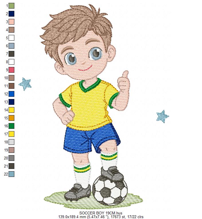 Soccer player embroidery design - School Boy with curly hair machine embroidery file - boy with soccer ball file - Instant digital download