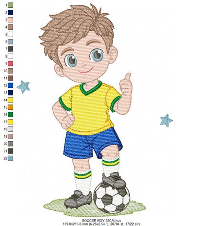 Soccer player embroidery design - School Boy with curly hair machine embroidery file - boy with soccer ball file - Instant digital download