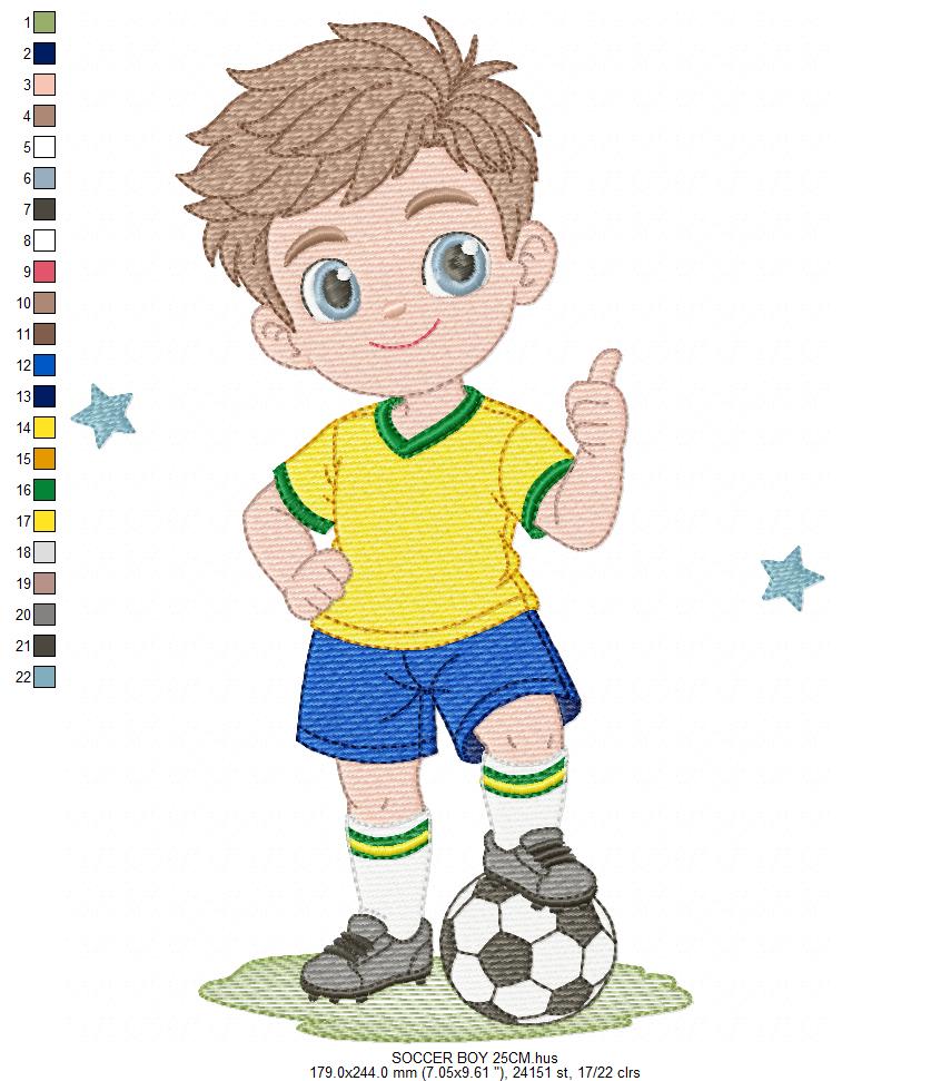 Soccer player embroidery design - School Boy with curly hair machine embroidery file - boy with soccer ball file - Instant digital download