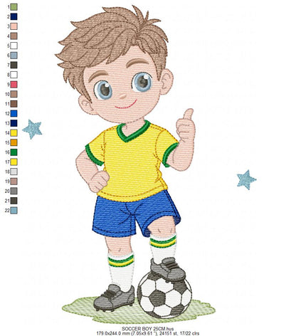 Soccer player embroidery design - School Boy with curly hair machine embroidery file - boy with soccer ball file - Instant digital download