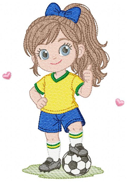 Soccer player embroidery designs - Baby Girl with long hair machine embroidery file - Girl with soccer ball file - Instant digital download pes jef