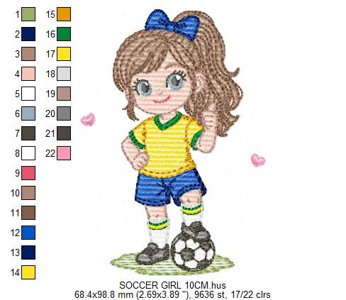 Soccer player embroidery designs - Baby Girl with long hair machine embroidery file - Girl with soccer ball file - Instant digital download pes jef