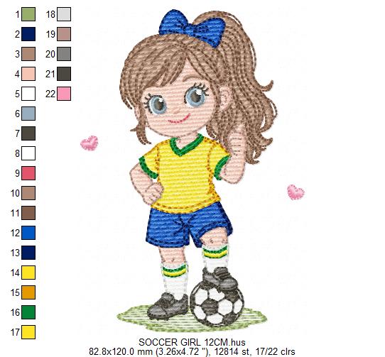 Soccer player embroidery designs - Baby Girl with long hair machine embroidery file - Girl with soccer ball file - Instant digital download pes jef