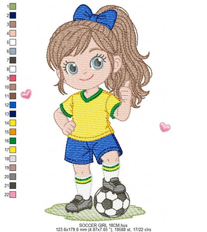 Soccer player embroidery designs - Baby Girl with long hair machine embroidery file - Girl with soccer ball file - Instant digital download pes jef