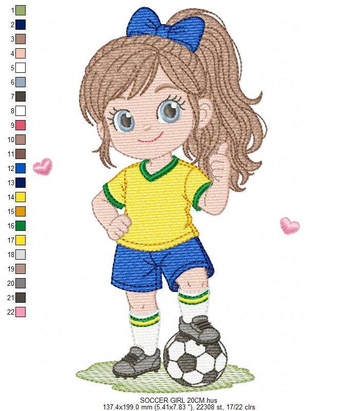 Soccer player embroidery designs - Baby Girl with long hair machine embroidery file - Girl with soccer ball file - Instant digital download pes jef