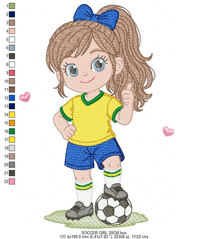 Soccer player embroidery designs - Baby Girl with long hair machine embroidery file - Girl with soccer ball file - Instant digital download pes jef