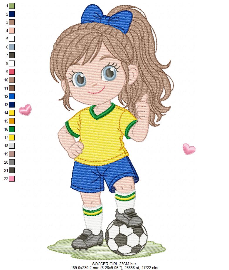 Soccer player embroidery designs - Baby Girl with long hair machine embroidery file - Girl with soccer ball file - Instant digital download pes jef