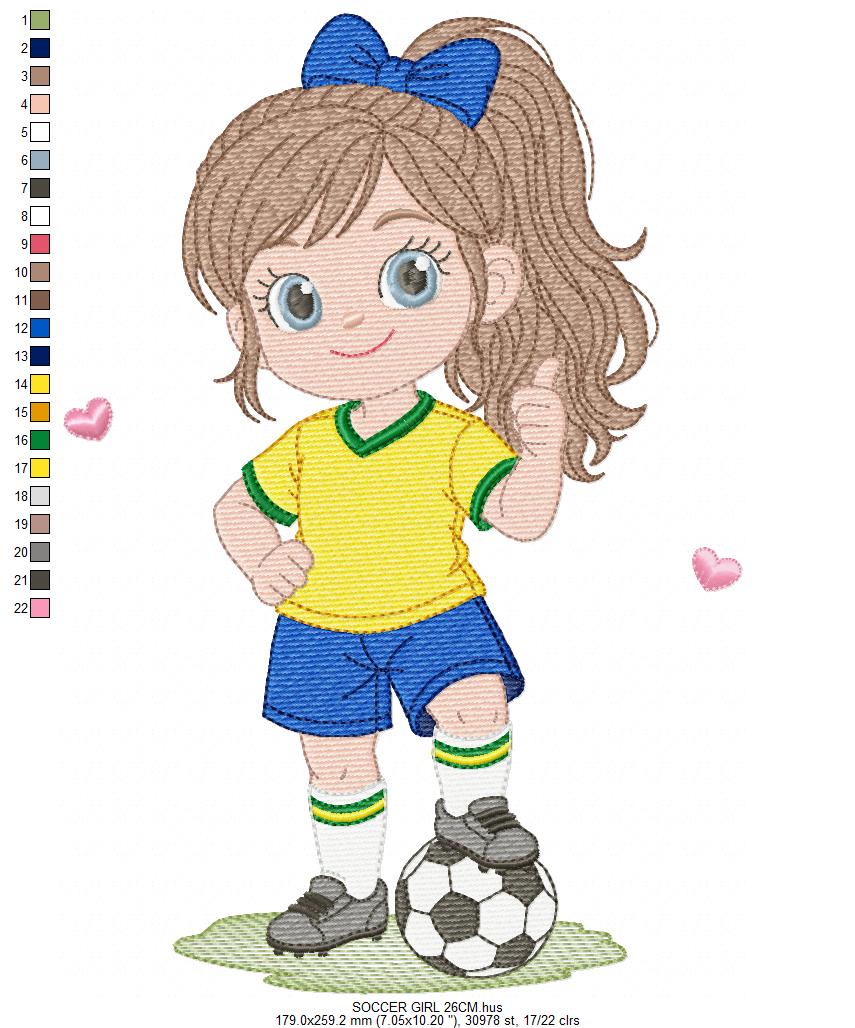 Soccer player embroidery designs - Baby Girl with long hair machine embroidery file - Girl with soccer ball file - Instant digital download pes jef