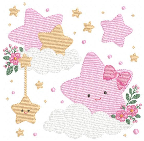 Stars and flowers embroidery design - Baby Girl and Boy machine embroidery pattern - Boho stars with leaves - Instant digital download jef pes