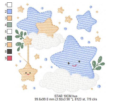 Stars and clouds embroidery design - Baby Girl and Boy stars with clouds machine embroidery pattern - Boho stars with leaves - Instant digital download jef pes