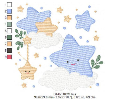 Stars and clouds embroidery design - Baby Girl and Boy stars with clouds machine embroidery pattern - Boho stars with leaves - Instant digital download jef pes