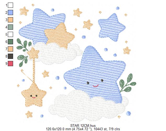 Stars and clouds embroidery design - Baby Girl and Boy stars with clouds machine embroidery pattern - Boho stars with leaves - Instant digital download jef pes