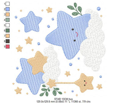 Stars and clouds embroidery design - Baby Girl and Boy stars with clouds machine embroidery pattern - Boho stars with leaves - Instant digital download jef pes