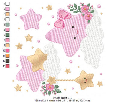 Stars and flowers embroidery design - Baby Girl and Boy machine embroidery pattern - Boho stars with leaves - Instant digital download jef pes