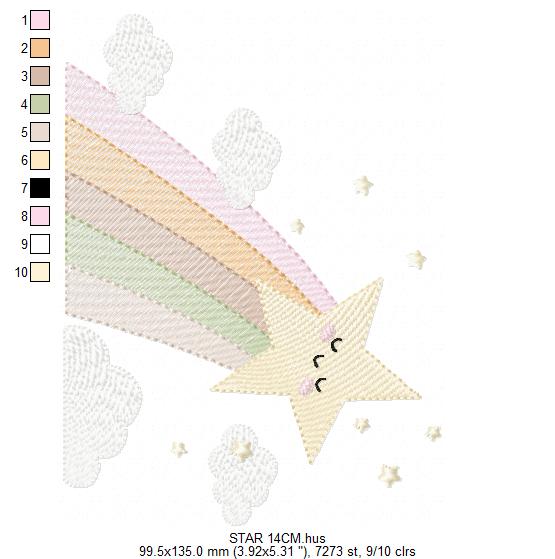 Stars and clouds embroidery design - Falling Rainbow Star machine embroidery pattern - Boho stars with leaves - Instant digital download jef pes