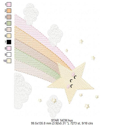 Stars and clouds embroidery design - Falling Rainbow Star machine embroidery pattern - Boho stars with leaves - Instant digital download jef pes