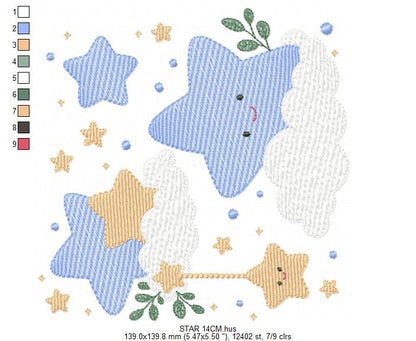 Stars and clouds embroidery design - Baby Girl and Boy stars with clouds machine embroidery pattern - Boho stars with leaves - Instant digital download jef pes