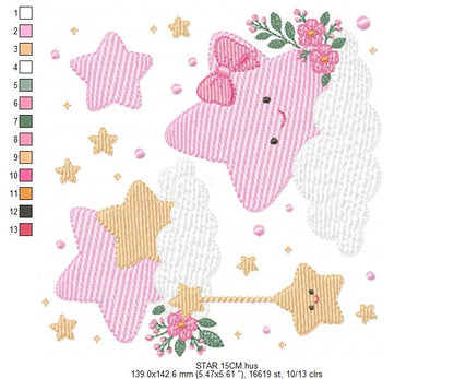 Stars and flowers embroidery design - Baby Girl and Boy machine embroidery pattern - Boho stars with leaves - Instant digital download jef pes