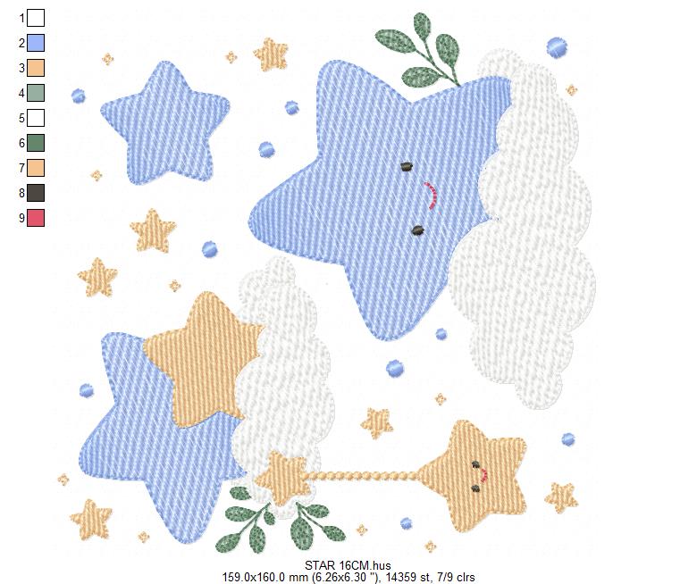 Stars and clouds embroidery design - Baby Girl and Boy stars with clouds machine embroidery pattern - Boho stars with leaves - Instant digital download jef pes