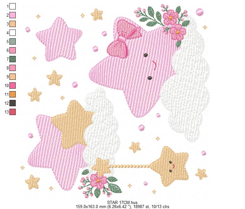 Stars and flowers embroidery design - Baby Girl and Boy machine embroidery pattern - Boho stars with leaves - Instant digital download jef pes