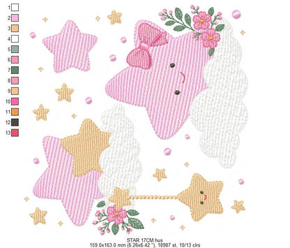 Stars and flowers embroidery design - Baby Girl and Boy machine embroidery pattern - Boho stars with leaves - Instant digital download jef pes