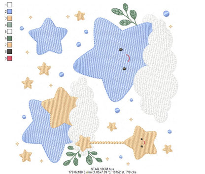 Stars and clouds embroidery design - Baby Girl and Boy stars with clouds machine embroidery pattern - Boho stars with leaves - Instant digital download jef pes