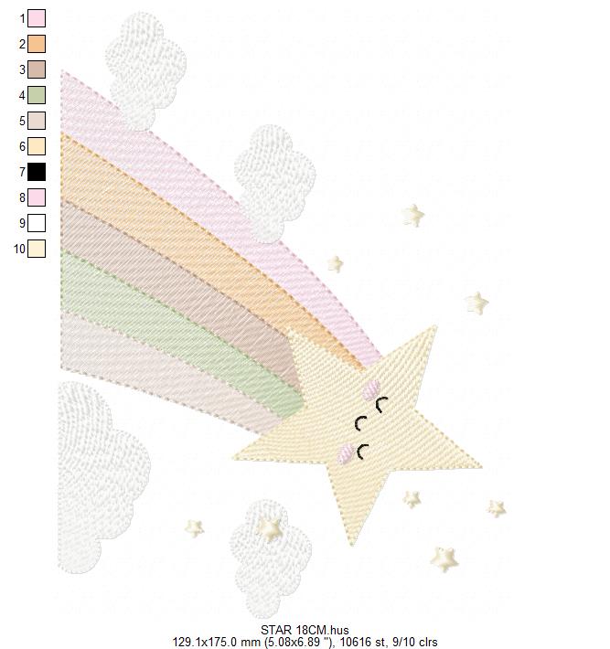 Stars and clouds embroidery design - Falling Rainbow Star machine embroidery pattern - Boho stars with leaves - Instant digital download jef pes