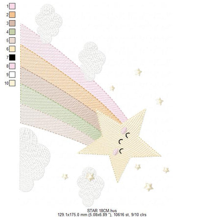Stars and clouds embroidery design - Falling Rainbow Star machine embroidery pattern - Boho stars with leaves - Instant digital download jef pes