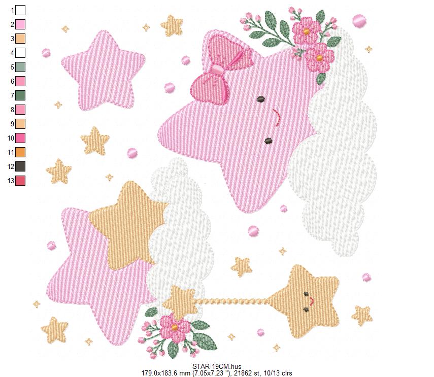 Stars and flowers embroidery design - Baby Girl and Boy machine embroidery pattern - Boho stars with leaves - Instant digital download jef pes
