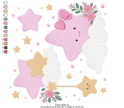 Stars and flowers embroidery design - Baby Girl and Boy machine embroidery pattern - Boho stars with leaves - Instant digital download jef pes