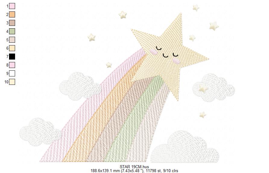 Stars and clouds embroidery design - Falling Rainbow Star machine embroidery pattern - Boho stars with leaves - Instant digital download jef pes