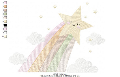 Stars and clouds embroidery design - Falling Rainbow Star machine embroidery pattern - Boho stars with leaves - Instant digital download jef pes