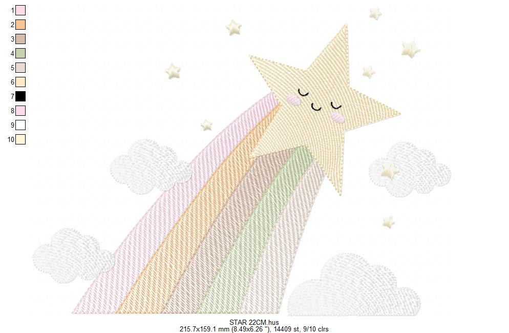 Stars and clouds embroidery design - Falling Rainbow Star machine embroidery pattern - Boho stars with leaves - Instant digital download jef pes