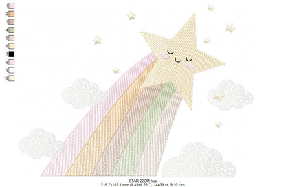 Stars and clouds embroidery design - Falling Rainbow Star machine embroidery pattern - Boho stars with leaves - Instant digital download jef pes
