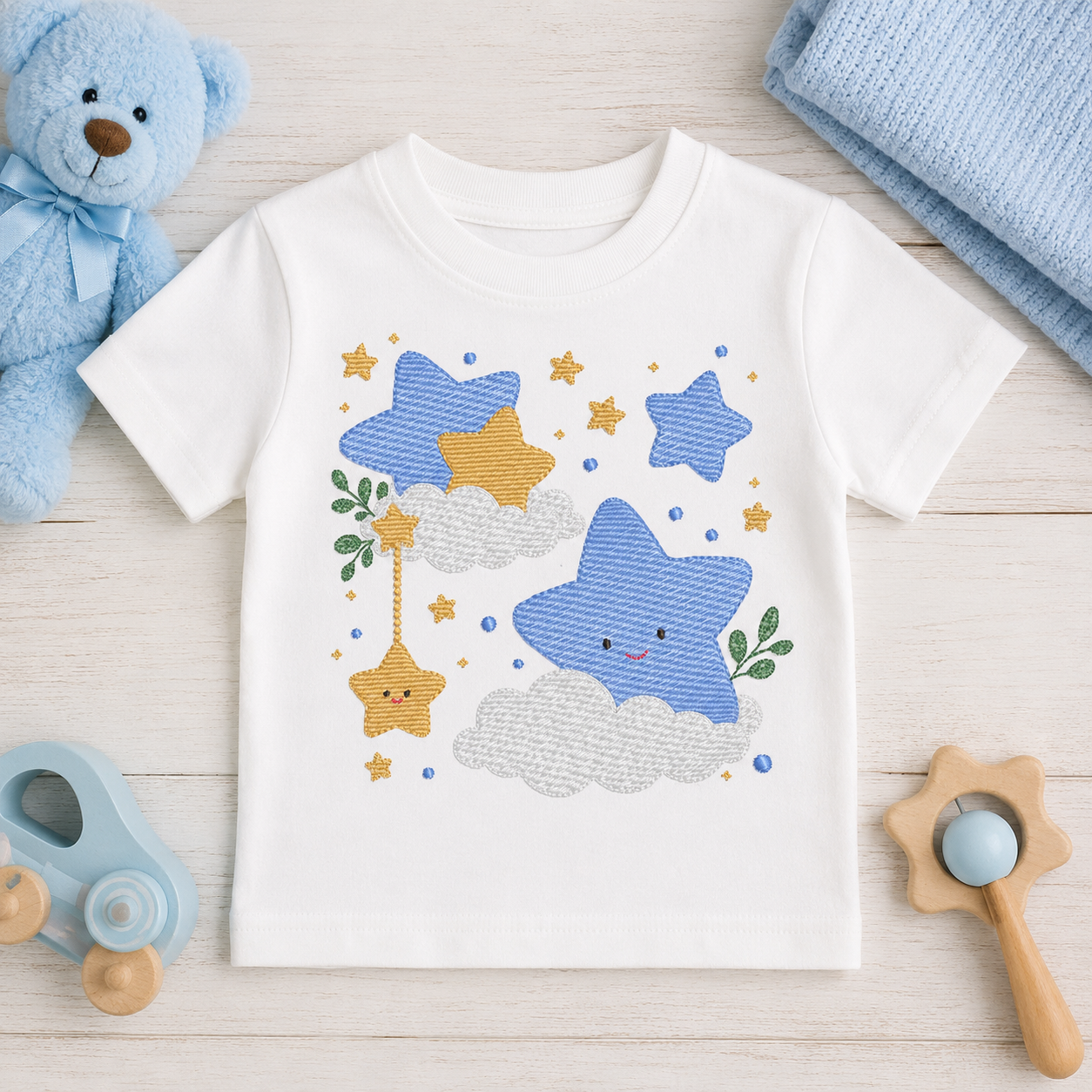 Stars and clouds embroidery design - Baby Girl and Boy stars with clouds machine embroidery pattern - Boho stars with leaves - Instant digital download jef pes