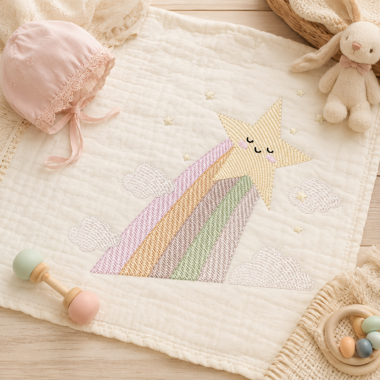 Stars and clouds embroidery design - Falling Rainbow Star machine embroidery pattern - Boho stars with leaves - Instant digital download jef pes