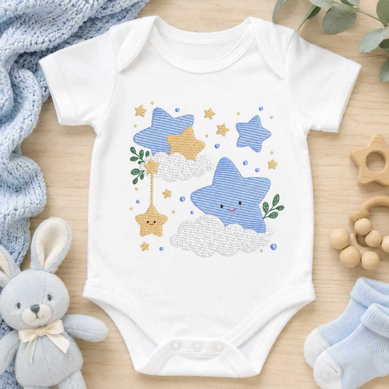 Stars and clouds embroidery design - Baby Girl and Boy stars with clouds machine embroidery pattern - Boho stars with leaves - Instant digital download jef pes