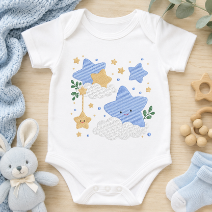 Stars and clouds embroidery design - Baby Girl and Boy stars with clouds machine embroidery pattern - Boho stars with leaves - Instant digital download jef pes