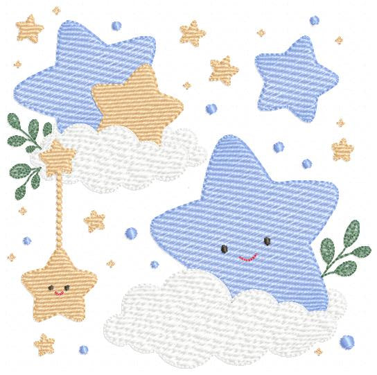 Stars and clouds embroidery design - Baby Girl and Boy stars with clouds machine embroidery pattern - Boho stars with leaves - Instant digital download jef pes