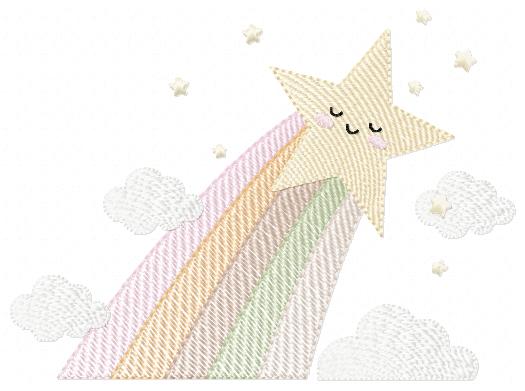 Stars and clouds embroidery design - Falling Rainbow Star machine embroidery pattern - Boho stars with leaves - Instant digital download jef pes