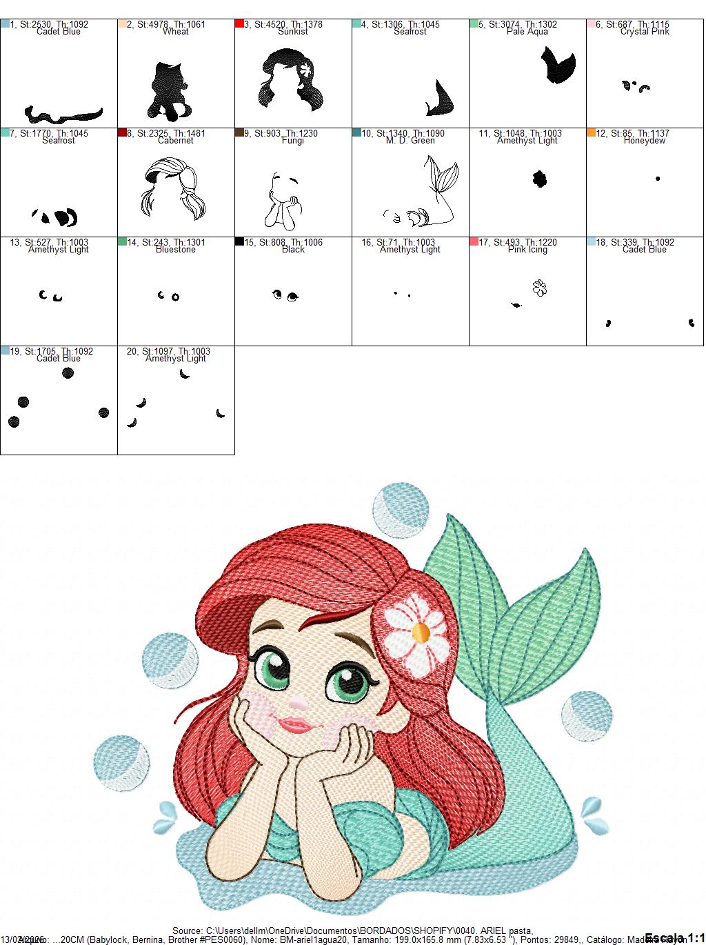 Ariel embroidery designs - Disney Princess machine embroidery patterns - Baby Girl Mermaid design - Instant digital download pes jef dst hus vp3 - Marcia Embroidery