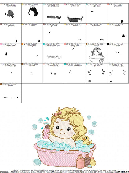 Girl in bathtub embroidery design - Bathing girl machine embroidery pattern - Baby Girl file - Instant digital download pes jef dst