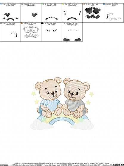 Baby Bear Brothers embroidery design - Baby boy Bear with rainbow machine pattern - Cute Teddy Bear (Digital download)