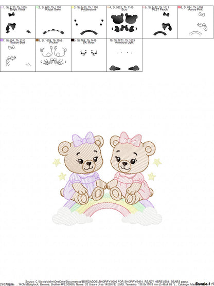 Baby Bear embroidery design - Bear sisters with rainbow machine pattern - Cute Teddy Bear (Digital download)