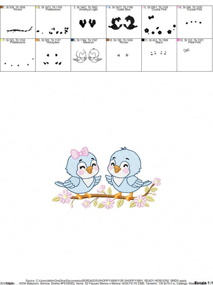 Birds embroidery design - Bird Brother and Sister machine embroidery pattern - Family Couple with flowers file - Instant digital download pes jef
