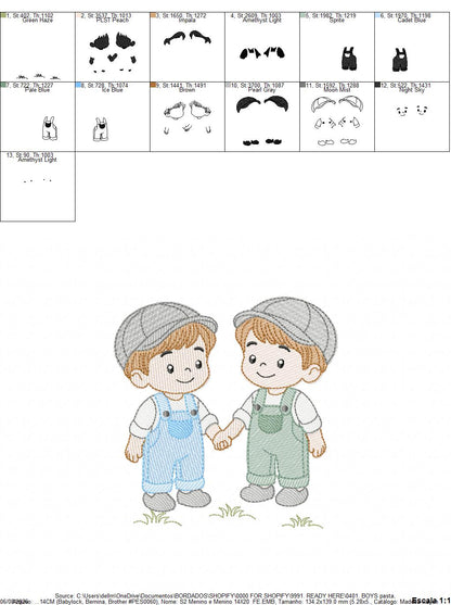 Baby boy brothers embroidery design - Toddlers machine embroidery pattern - kid embroidery file - Digital Download