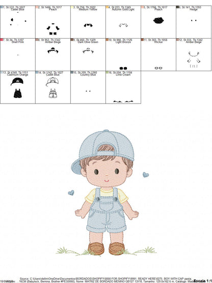 Boy with cap embroidery design - Baby Boy with overall and hearts machine embroidery pattern -  Instant digital download pes jef dst hus vp3