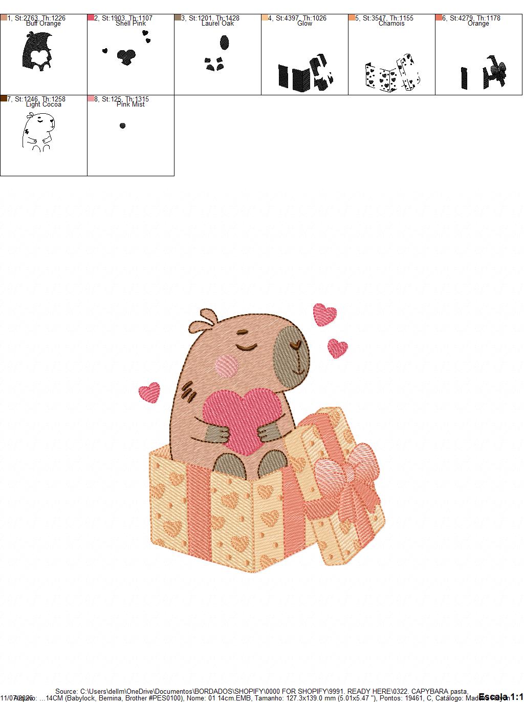 Capybara embroidery designs - Water river animal machine embroidery pattern - Baby boy and girl big guinea pig with heart file - Instant download pes jef dst